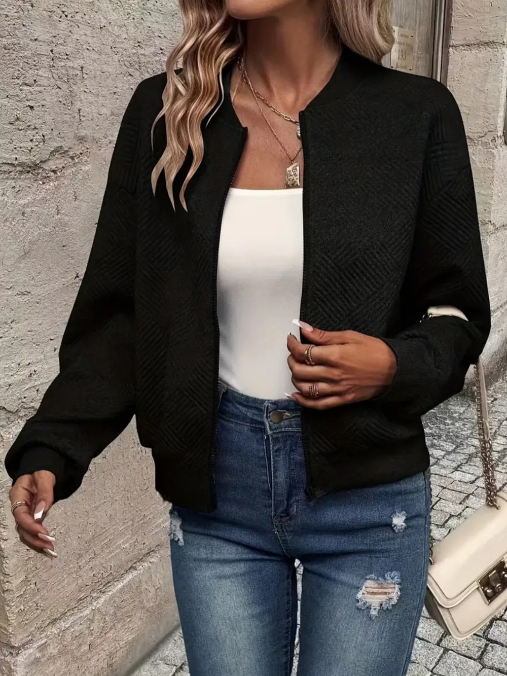 Women's Black Stylish Open-Front Zipper Jacket Size L
